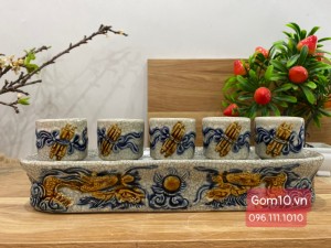 Kỷ thẳng 5 chén men rạn đắp nổi Rồng Như Ý