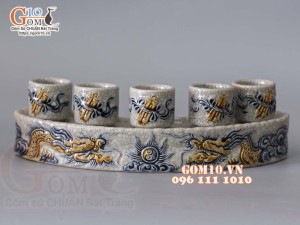Kỷ cong 5 chén men rạn đắp nổi Rồng Như Ý