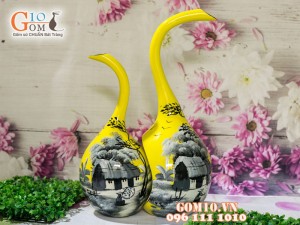 Bộ lọ hoa sơn mài dáng thiên nga vẽ cảnh làng quê cao 45cm