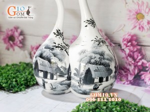 Bộ lọ hoa sơn mài dáng thiên nga vẽ cảnh làng quê nền trắng cao 45cm
