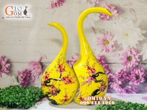 Bộ lọ hoa sơn mài dáng thiên nga vẽ cây đào đỏ cao 45cm