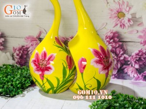Bộ lọ hoa sơn mài dáng thiên nga vẽ hoa loa kèn cao 45cm