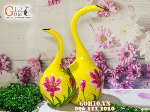 Bộ lọ hoa sơn mài dáng thiên nga vẽ hoa loa kèn cao 45cm