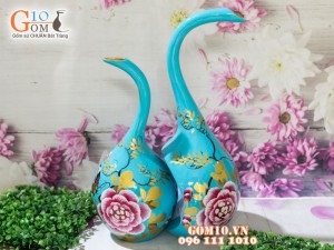 Bộ lọ hoa sơn mài dáng thiên nga vẽ hoa phù dung cao 45cm
