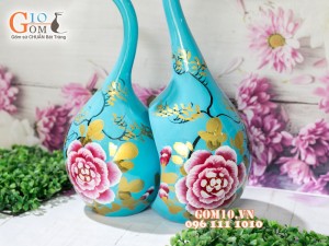 Bộ lọ hoa sơn mài dáng thiên nga vẽ hoa phù dung cao 45cm