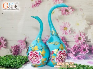 Bộ lọ hoa sơn mài dáng thiên nga vẽ hoa phù dung cao 45cm