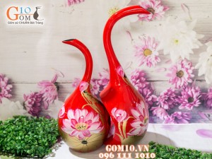 Bộ lọ hoa sơn mài dáng thiên nga vẽ hoa phù dung đỏ cao 45cm