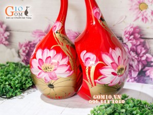 Bộ lọ hoa sơn mài dáng thiên nga vẽ hoa sen cao 45cm