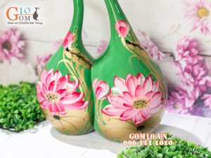 Bộ lọ hoa sơn mài dáng thiên nga vẽ hoa sen nền xanh cao 45cm