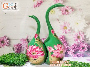 Bộ lọ hoa sơn mài dáng thiên nga vẽ hoa sen nền xanh cao 45cm