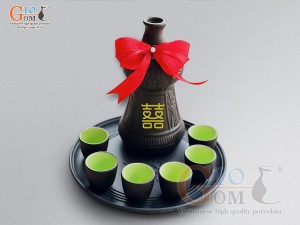 Bộ nậm rượu khắc Trống Đồng khay tròn in logo, 750ml