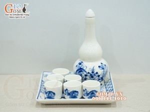 Bộ nậm rượu men cổ vẽ hoa Sen, khay vuông