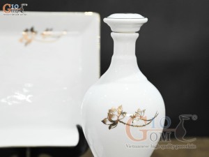 Bộ nậm rượu thờ cúng men trắng họa tiết hoa Sen vàng kim