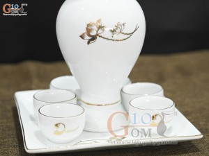 Bộ nậm rượu thờ cúng men trắng họa tiết hoa Sen vàng kim