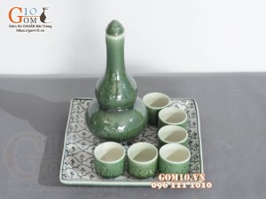 Bộ nậm rượu xanh đồng vẽ bèo