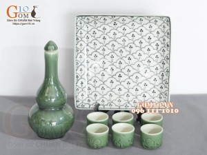 Bộ nậm rượu xanh đồng vẽ bèo