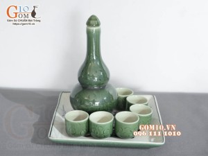 Bộ nậm rượu xanh đồng vẽ Sen