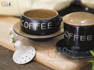 Bộ phin cà phê thấp khắc COFFEE, nắp gốm