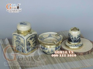 Bộ phụ kiện men rạn cổ bọc đồng, cảnh sơn thủy