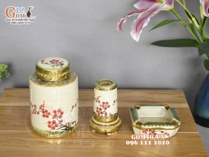 Bộ phụ kiện men vuốt vẽ hoa Đào đỏ bọc đồng