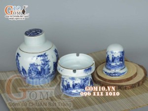 Bộ phụ kiện tròn men lam cổ vẽ Trúc Lâm Thất Hiền, viền vàng kim