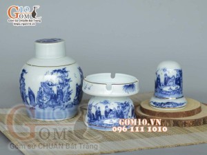 Bộ phụ kiện tròn men lam cổ vẽ Trúc Lâm Thất Hiền, viền vàng kim