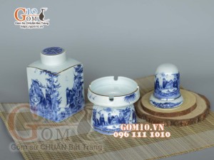 Bộ phụ kiện vuông men lam cổ vẽ Trúc Lâm Thất Hiền, viền vàng kim