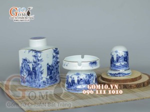 Bộ phụ kiện vuông men lam cổ vẽ Trúc Lâm Thất Hiền, viền vàng kim