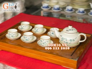 Bộ quả hồng dẹt men kem vẽ đào xanh