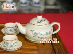 Bộ quả hồng dẹt men kem vẽ đào xanh