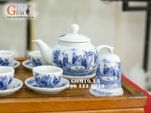 Bộ quả hồng men lam cổ, cảnh trúc lâm thất hiền, đủ phụ kiện