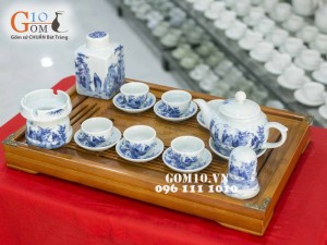 Bộ quả hồng men lam cổ, cảnh trúc lâm thất hiền, đủ phụ kiện