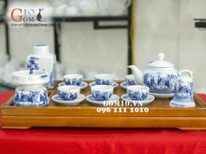 Bộ quả hồng men lam cổ, cảnh trúc lâm thất hiền, đủ phụ kiện