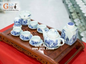 Bộ quả hồng men lam cổ, cảnh trúc lâm thất hiền, kẻ chỉ vàng kim, đủ phụ kiện