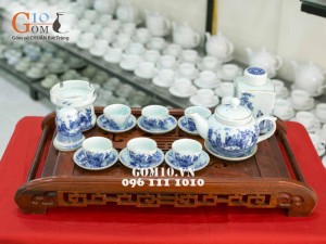 Bộ quả hồng men lam cổ, cảnh trúc lâm thất hiền, kẻ chỉ vàng kim, đủ phụ kiện