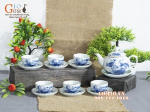 Bộ quả hồng men lam cổ vẽ sen, chỉ vàng kim 300ml