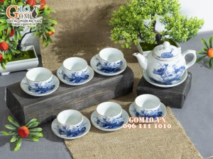 Bộ quả hồng men lam cổ vẽ sen, chỉ vàng kim 300ml