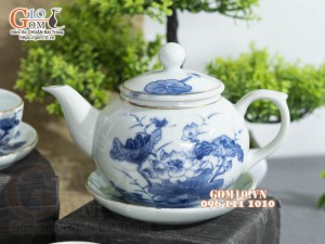 Bộ quả hồng men lam cổ vẽ sen, chỉ vàng kim 300ml