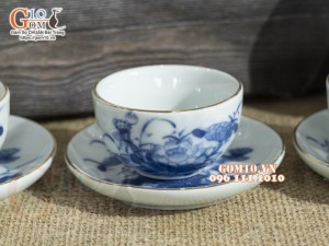 Bộ quả hồng men lam cổ vẽ sen, chỉ vàng kim 300ml