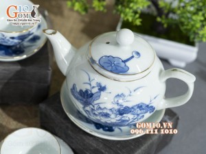 Bộ quả hồng men lam cổ vẽ sen, chỉ vàng kim 300ml