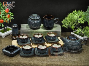 Bộ ấm chén dáng quả hồng men hỏa biến chén lòng hoa đầy đủ phụ kiện, 300ml  