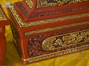 Bộ quách tiểu gốm khắc nổi Rồng Hóa Đại Cát vẽ nhũ vàng, 80cm