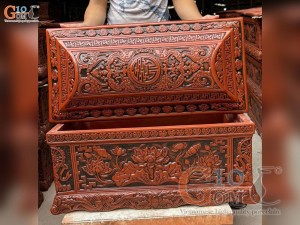 Bộ quách tiểu gốm mộc khắc nổi Sen, 76x40cm