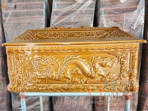 Bộ quách tiểu khắc nổi Rồng men màu vàng mái vuông, 78x39cm