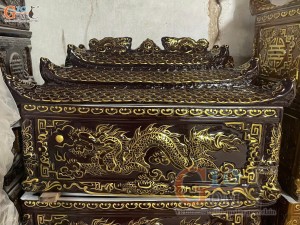 Bộ quách tiểu tam cấp khắc nổi Rồng men màu nâu đậm vẽ nhũ vàng, 78x39cm