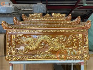 Bộ quách tiểu tam cấp khắc nổi Rồng men màu nâu vẽ nhũ vàng, 78x39cm