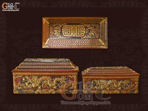 Bộ quách tiểu tam cấp khắc nổi Rồng vẽ nhũ vàng, 80cm