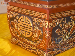 Bộ quách tiểu tam cấp khắc nổi Sen phình vẽ nhũ vàng, 80cm