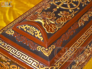 Bộ quách tiểu tam cấp khắc nổi Sen phình vẽ nhũ vàng, 80cm