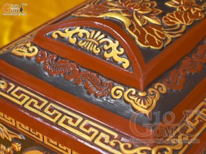 Bộ quách tiểu tam cấp khắc nổi Sen phình vẽ nhũ vàng, 80cm